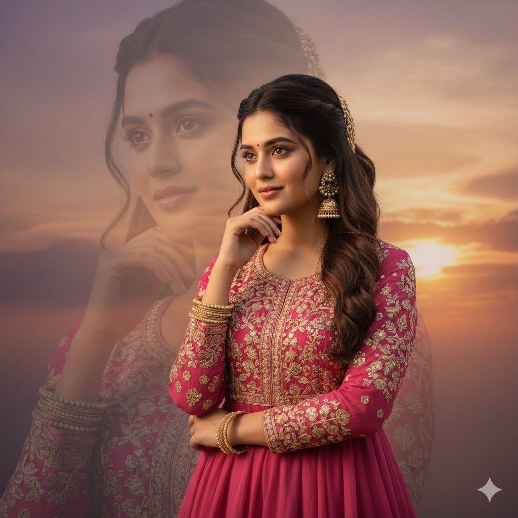 Ethereal Pink Anarkali Double Exposure Portrait