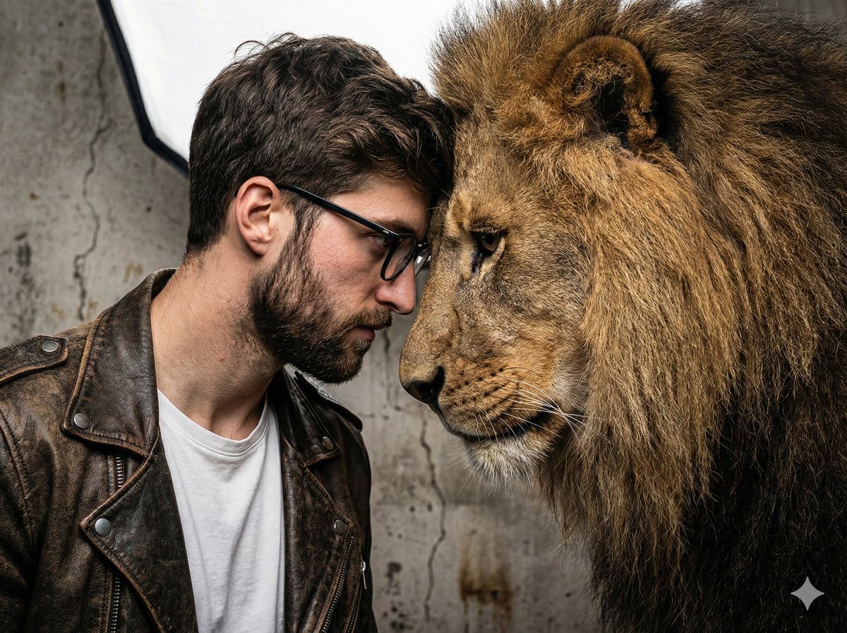 Man and Lion Intense Portrait
