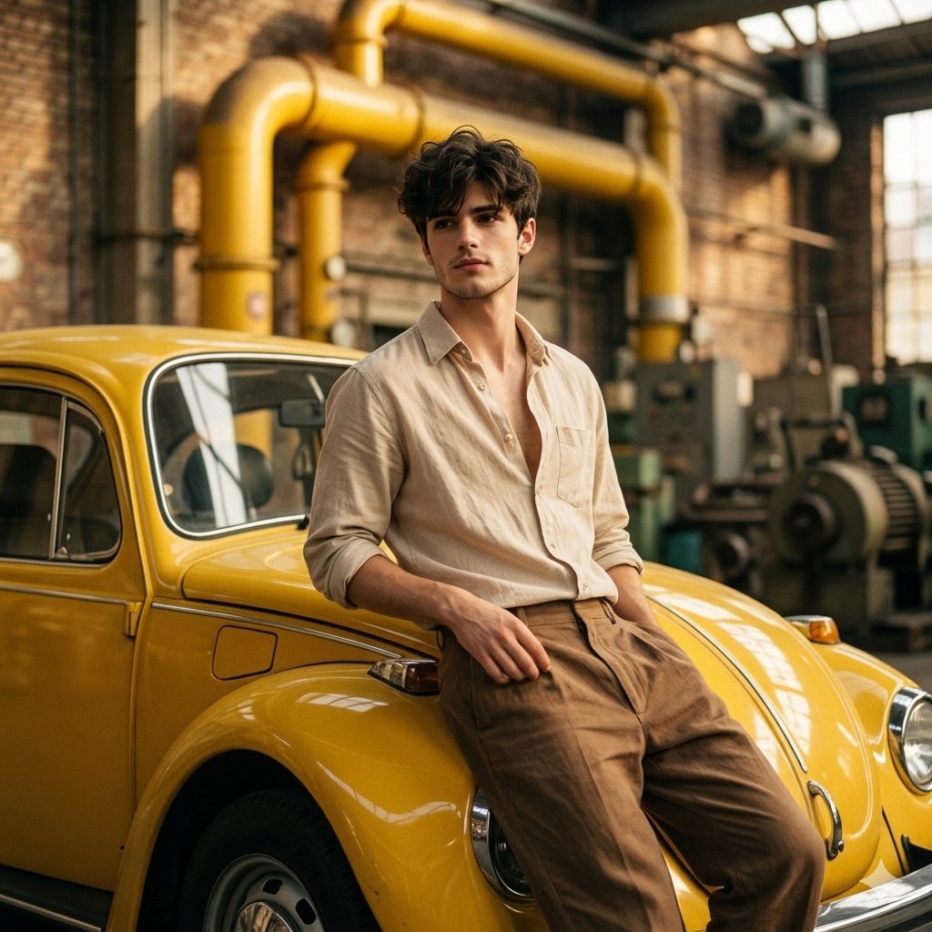 Vintage Yellow Car Industrial Portrait