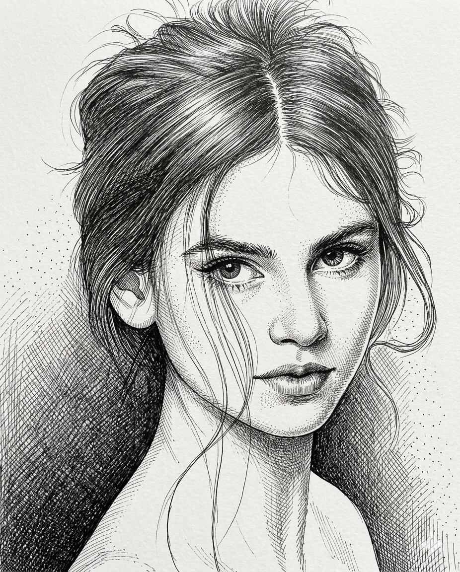 Ink Portrait of Soulful Woman