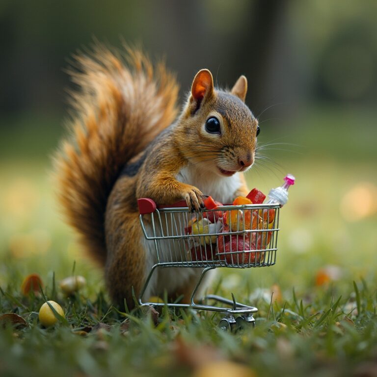 Squirrel Runs with Miniature Shopping Cart