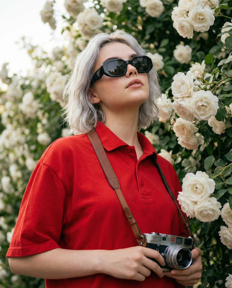 Vintage Film Girl Amid White Blooms