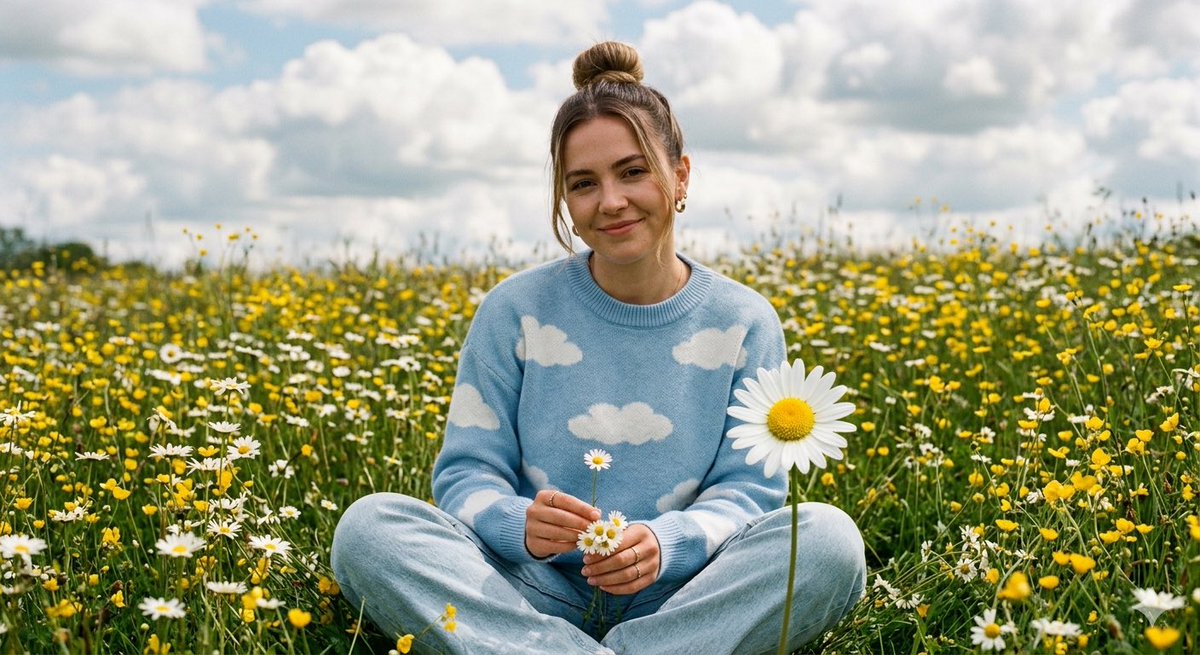 Young Woman Portrait in Daisy Field