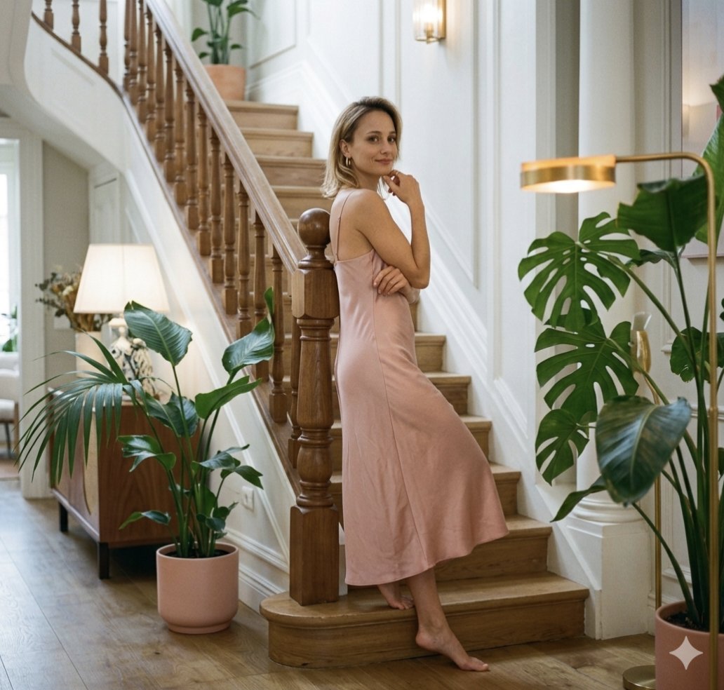 Pink Satin Staircase Pose