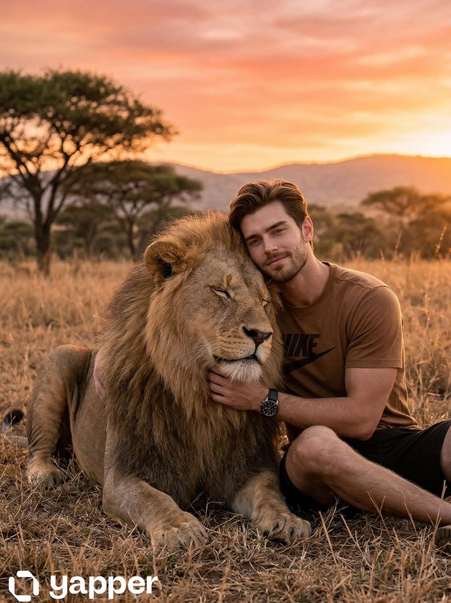 Man Hugging Lion at Golden Hour
