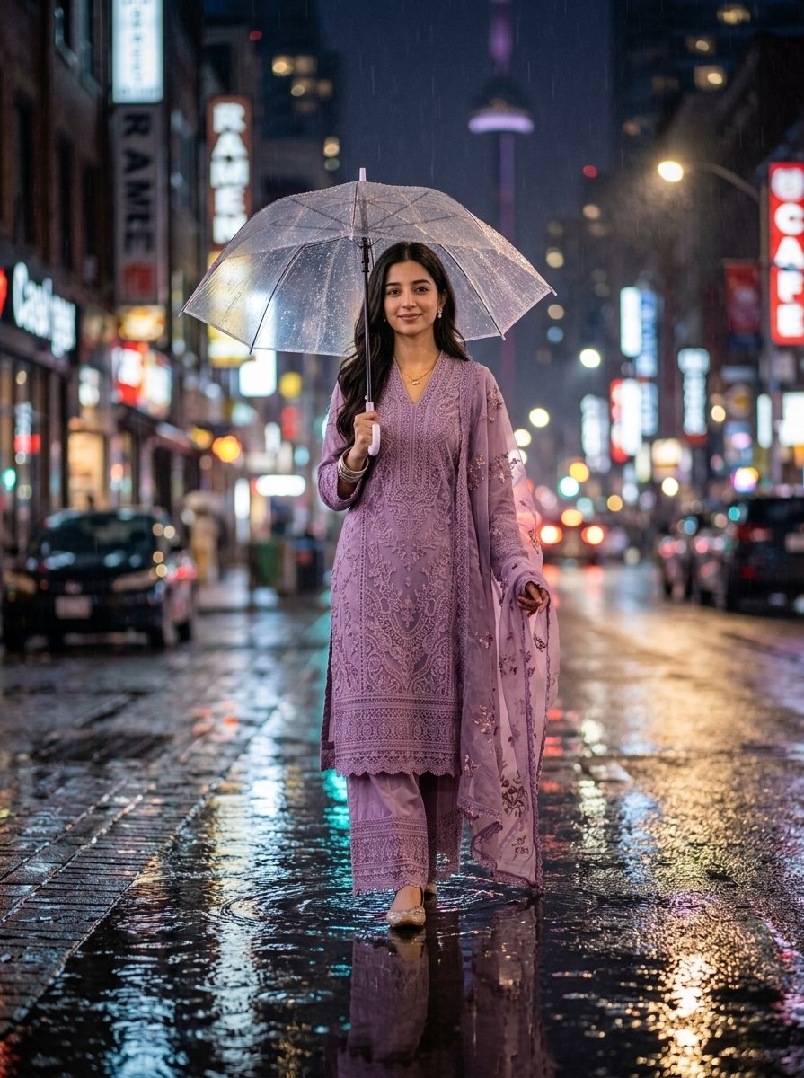 Rainy Night Neon Woman Portrait