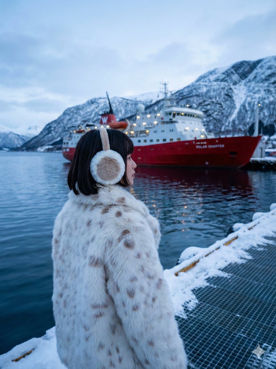 Woman Gazing at Red Ship in Snowy Harbor