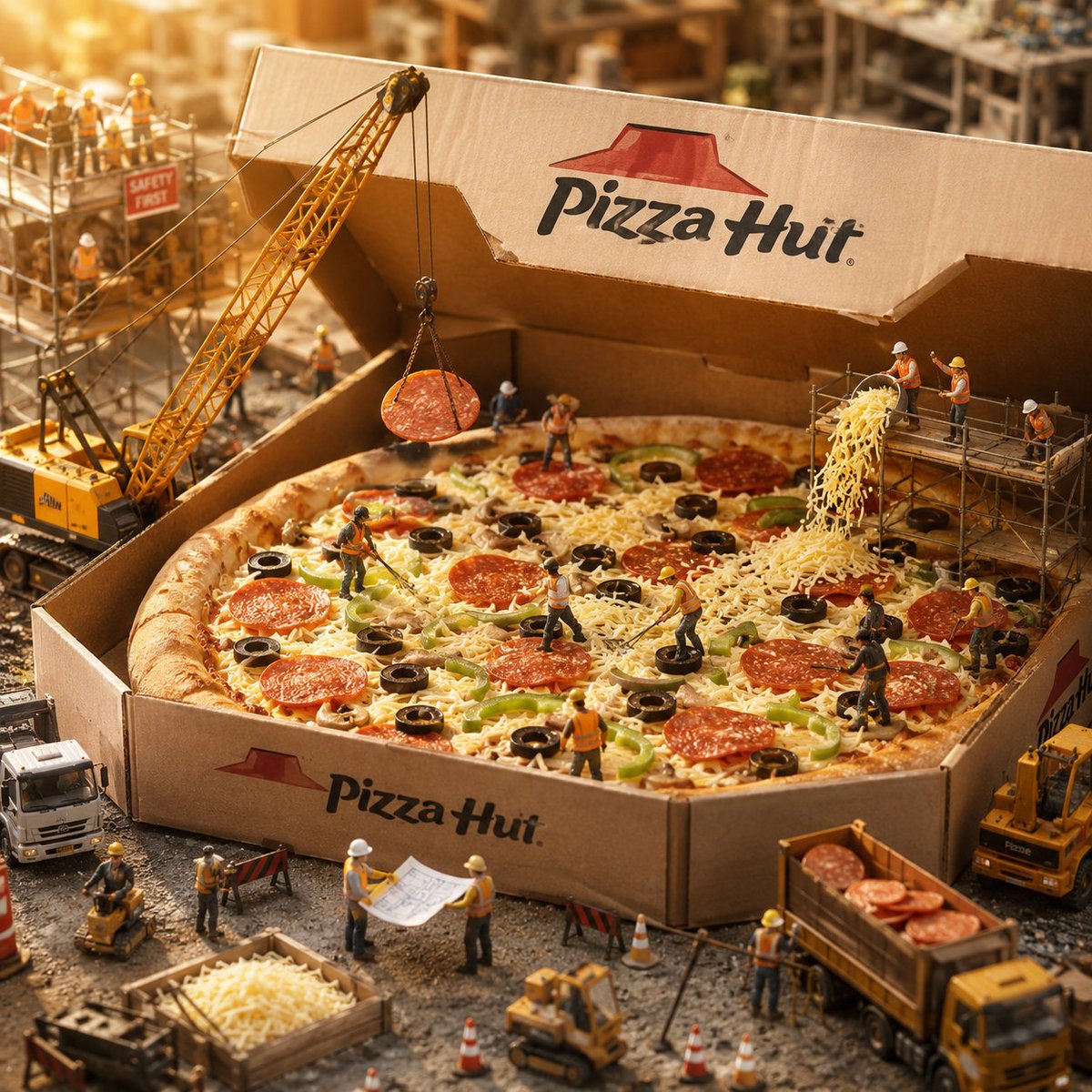 Miniature Construction Site Builds Giant Pizza