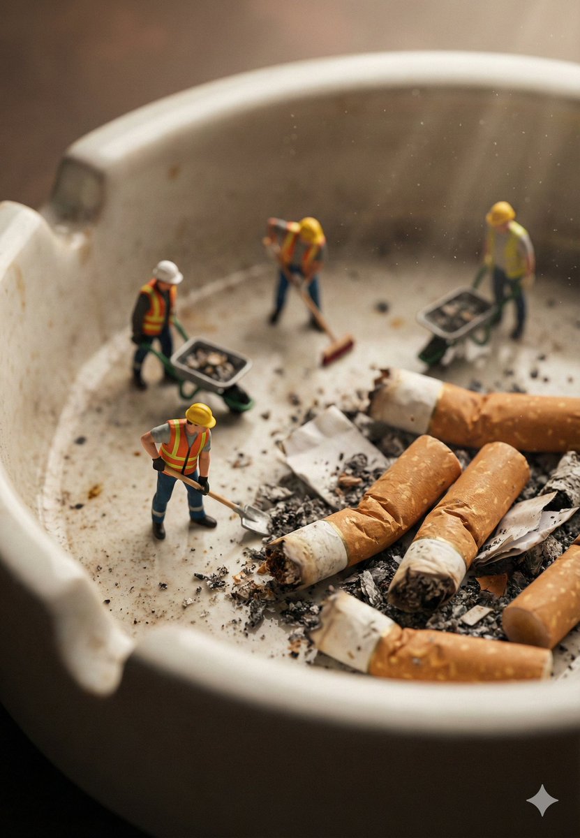 Miniature Workers Clean Giant Ashtray