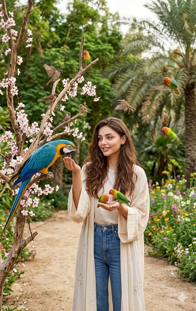 Girl Feeding Macaw in Bloom