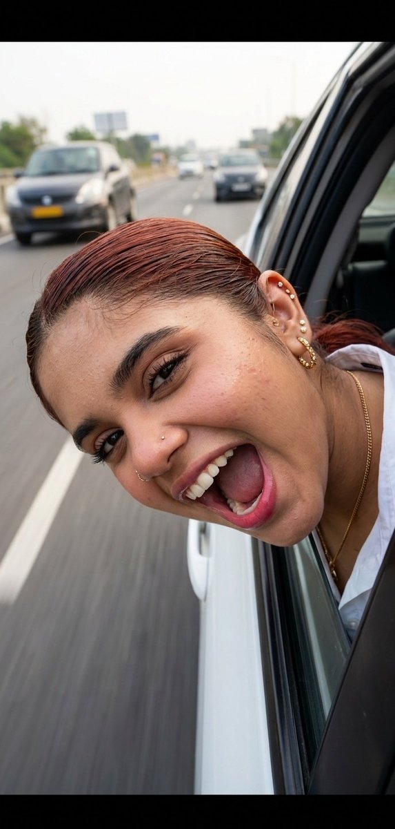 Wide-Angle Girl Car Window Thrill