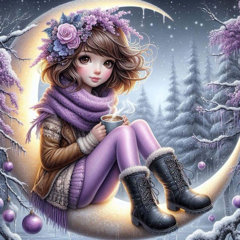 Girl on Crescent Moon Winter Scene