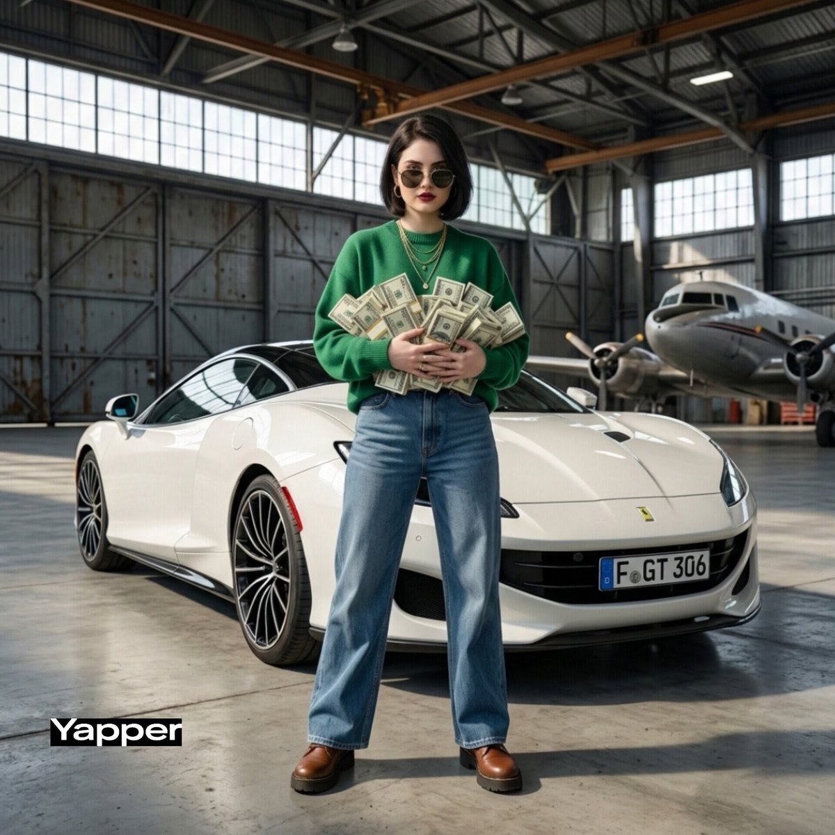 Confident Woman in Hangar with Cash-Filled Sports Car