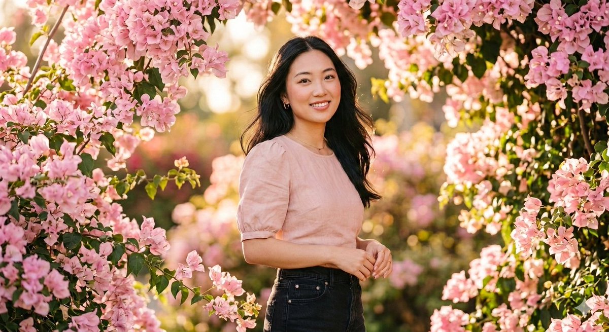 Elegant Portrait Under Pink Bougainvillea