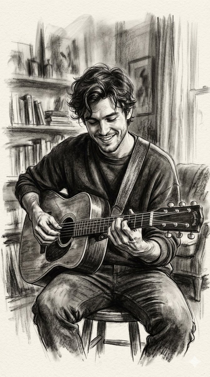 Charcoal Guitar Portrait Art