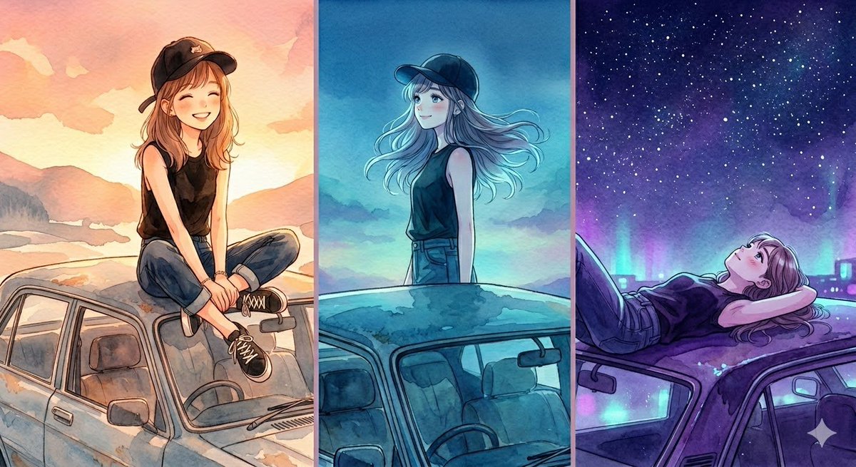 Anime Girl Car Roof Watercolor