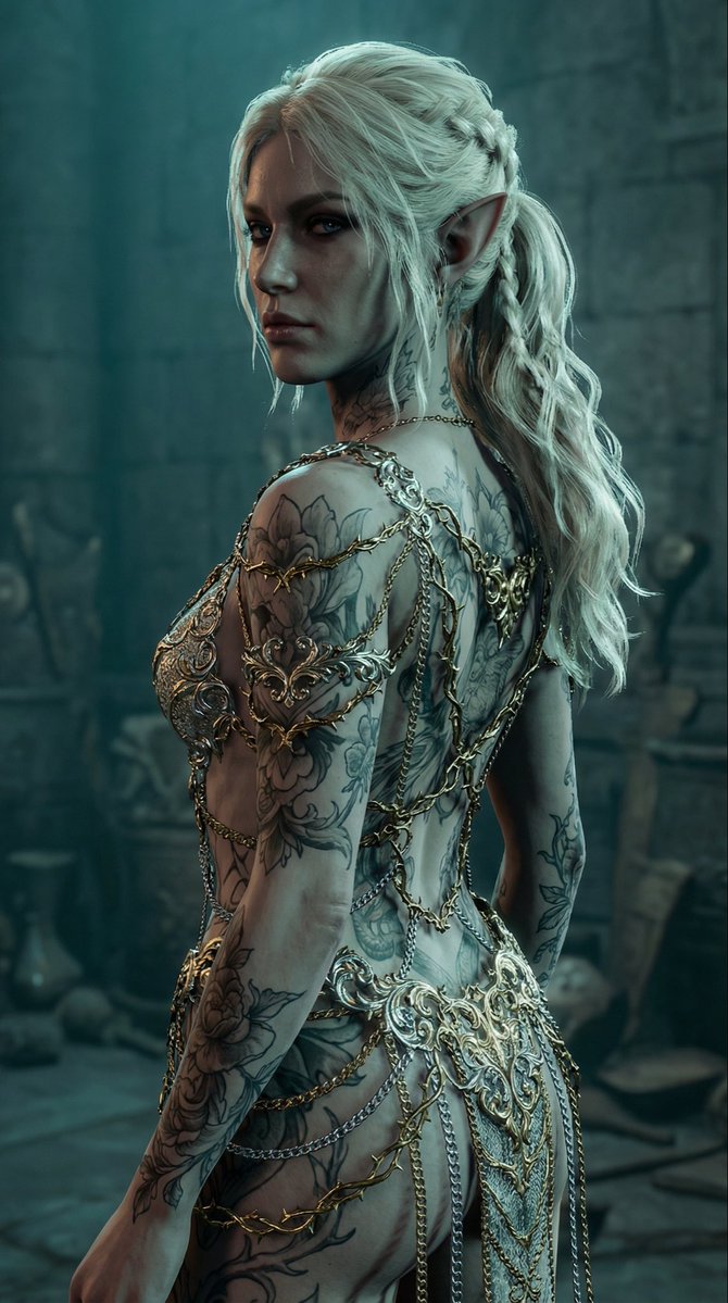 Tattooed Elven Woman Fantasy Portrait