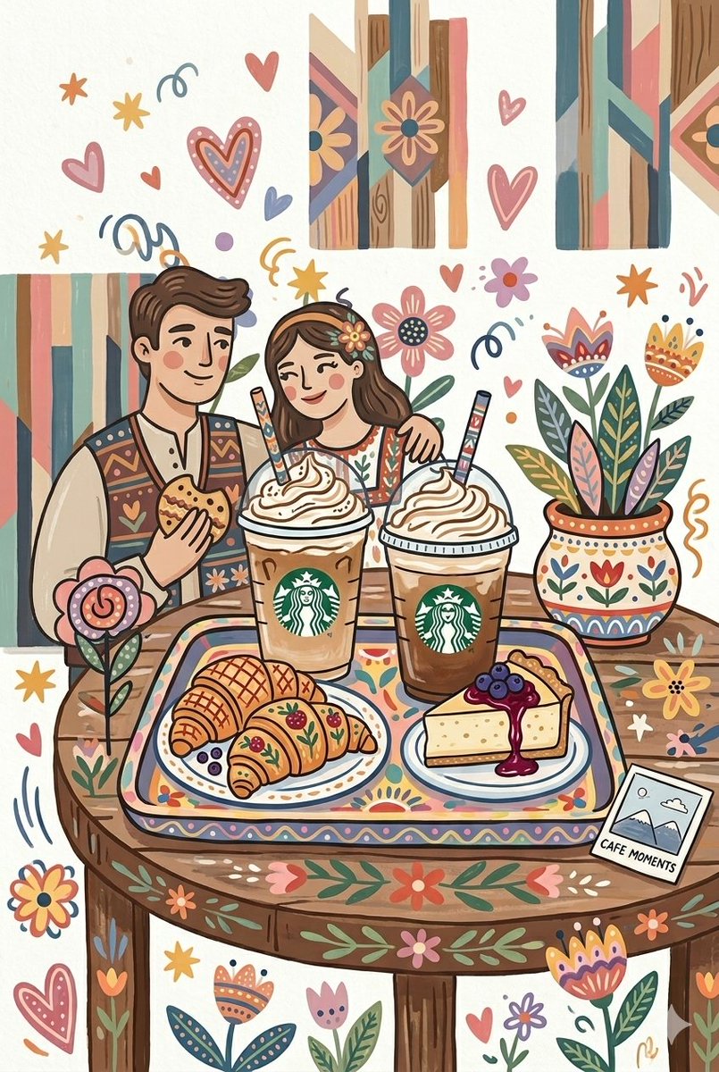 Whimsical Folk Art Cafe Date Illustration