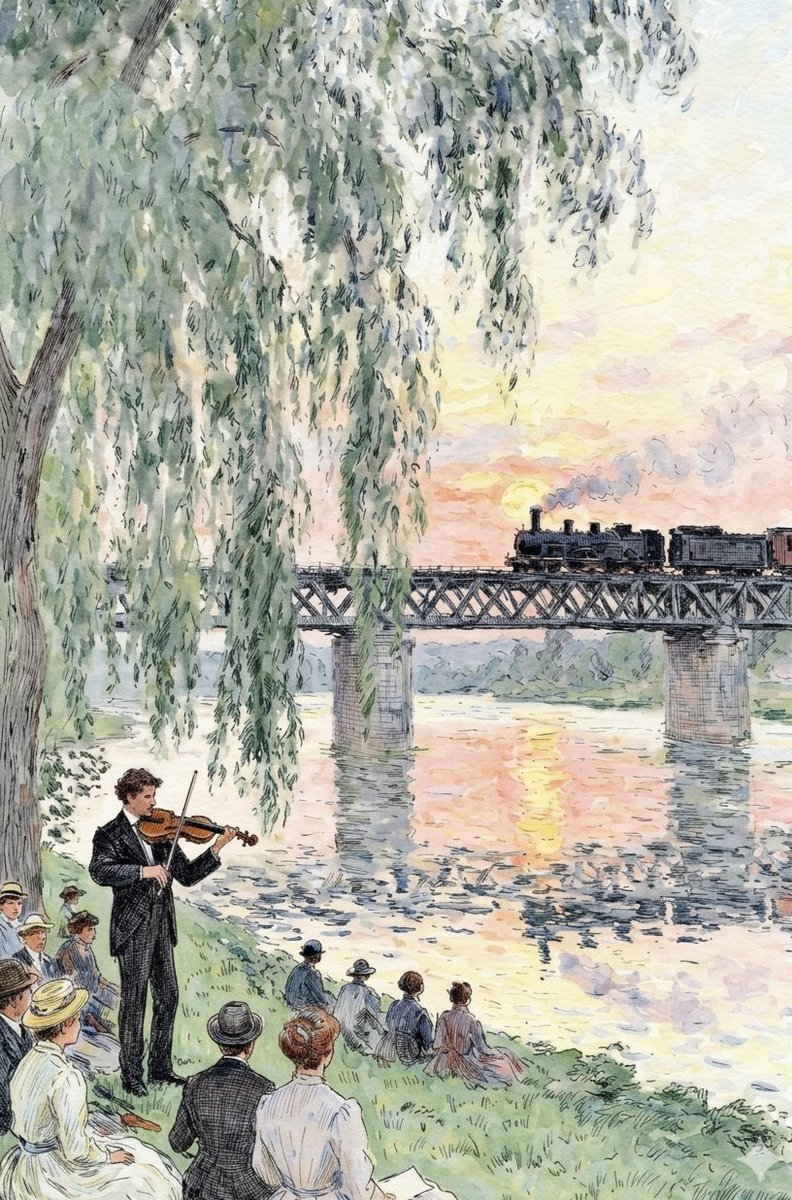 Sunset Violin by the Riverside