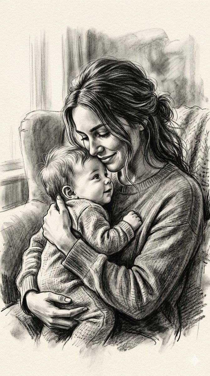 Tender Charcoal Mother and Child Drawing