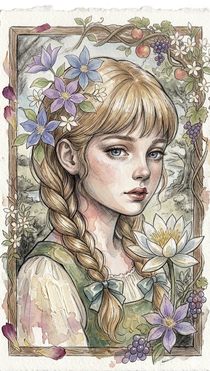 Watercolor Girl Portrait With Floral Frame