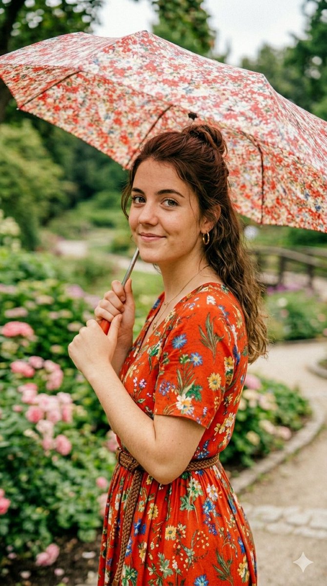 Floral Umbrella Girl in Summer Garden