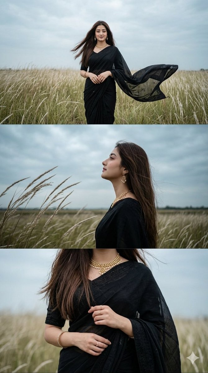 Black Saree Woman in Windy Field