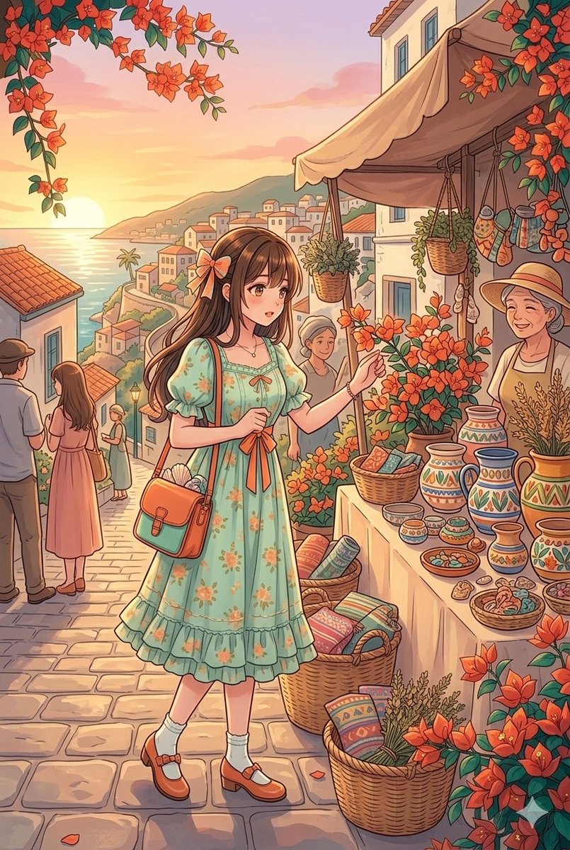 Anime Girl Mediterranean Sunset Village