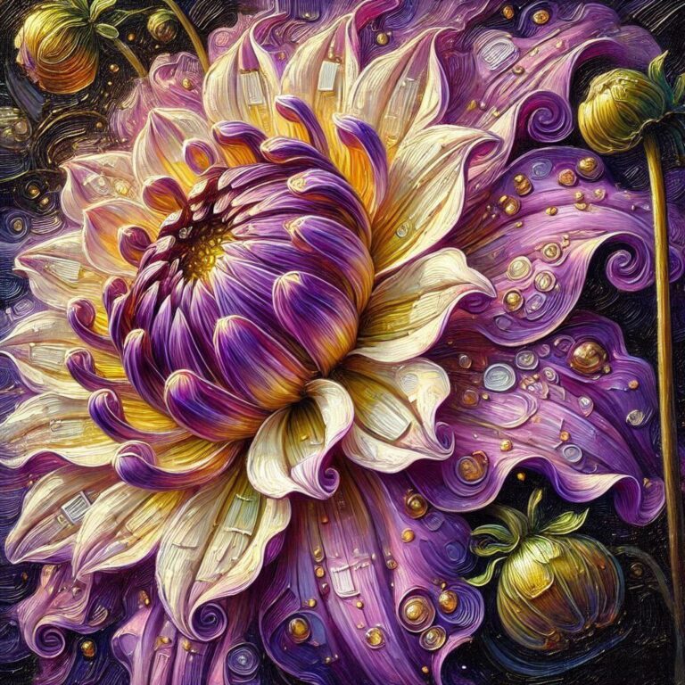 Klimt-Style Purple Dahlia with Golden Accents