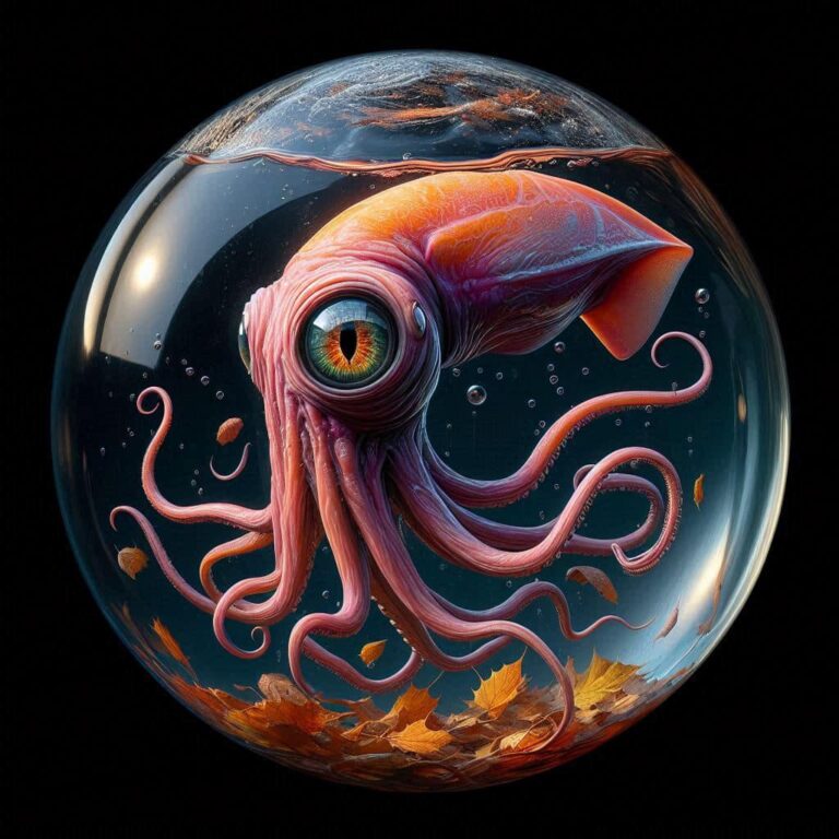 Squid in Glass Sphere with Leaves