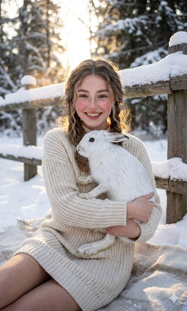 Winter Girl Hugging White Hare