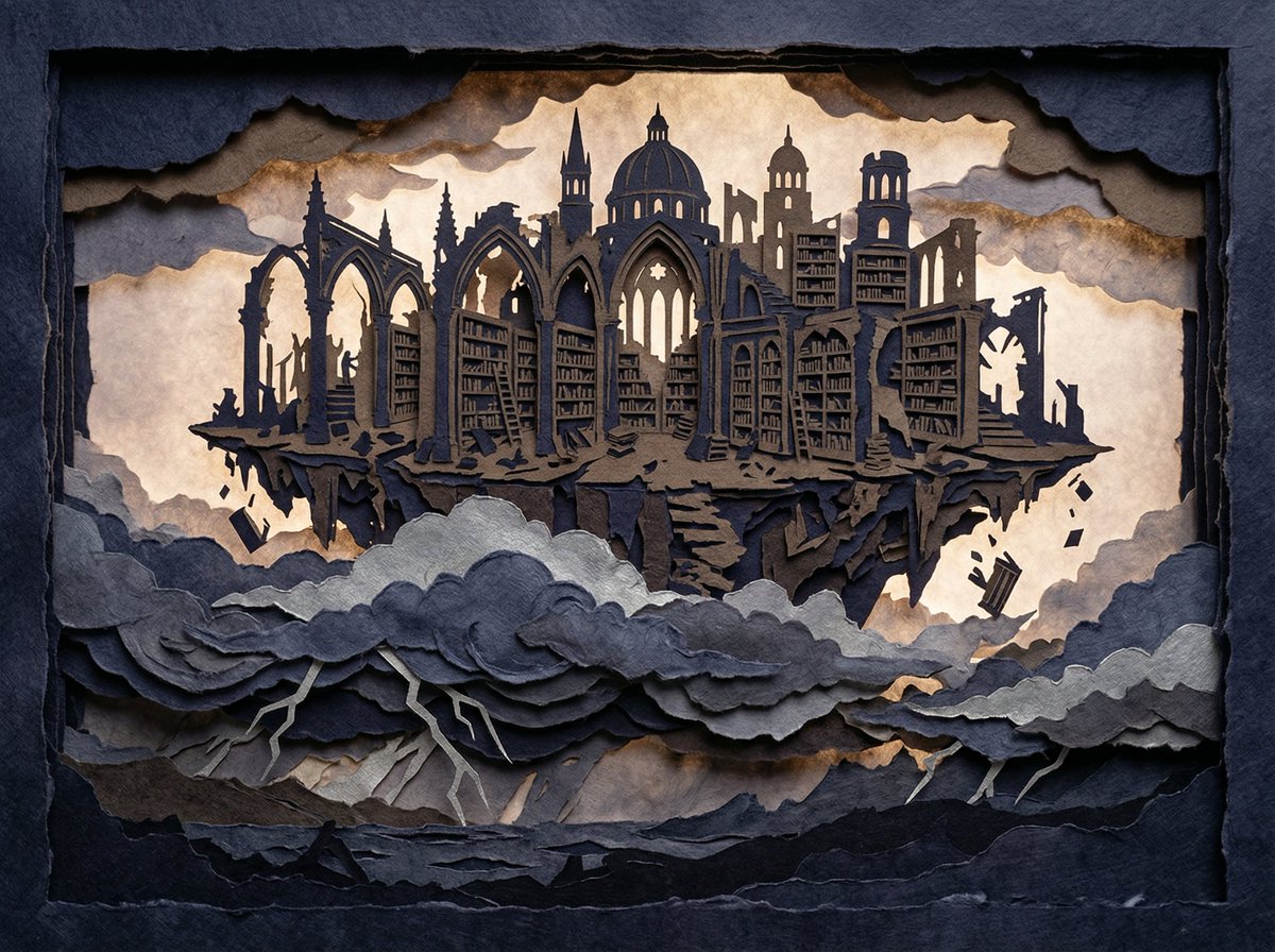 Floating Ancient Library Paper Cut