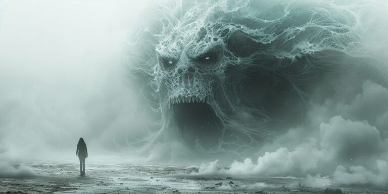 Shadowy Giant Monster in Windy Fog