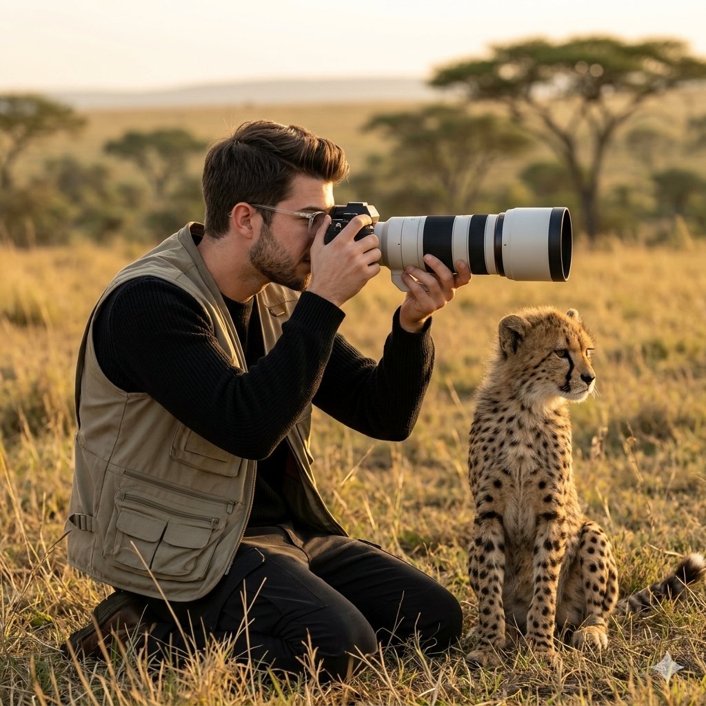 Photographer and Cheetah in Golden Light