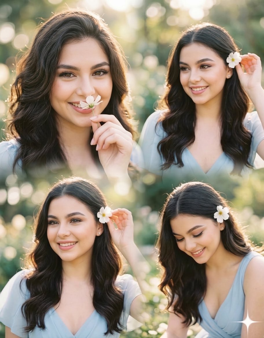 Blue-Haired Girl: Floral 4-Panel Portrait