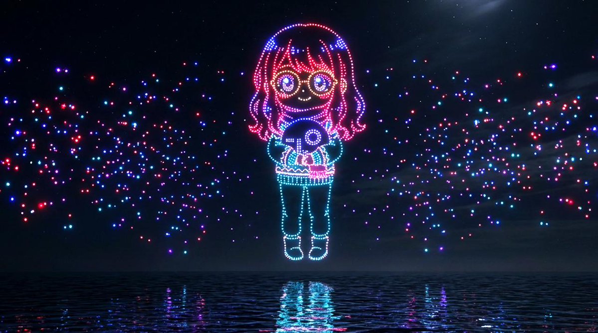 Neon Drone Art Over Night Sea