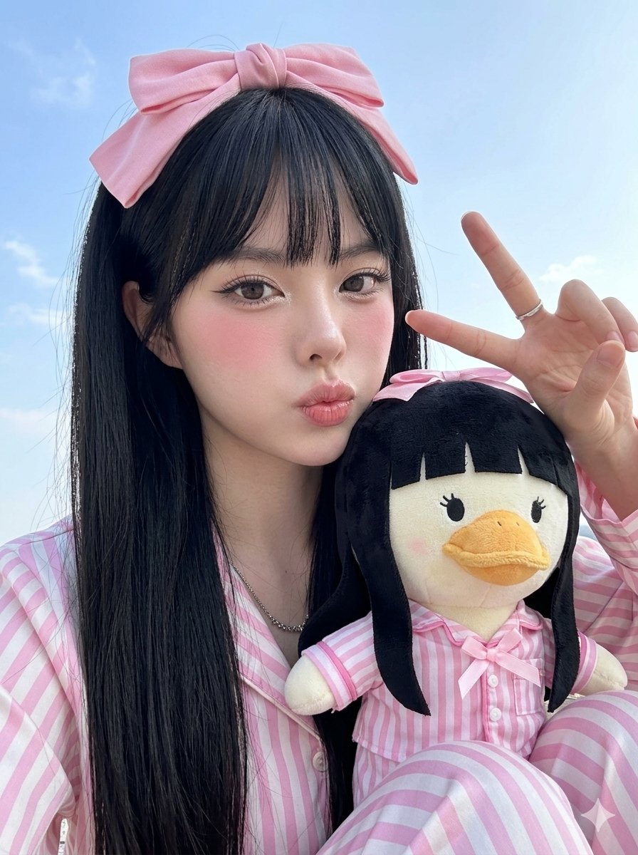 Girl With Pink Bow Hugging Duck