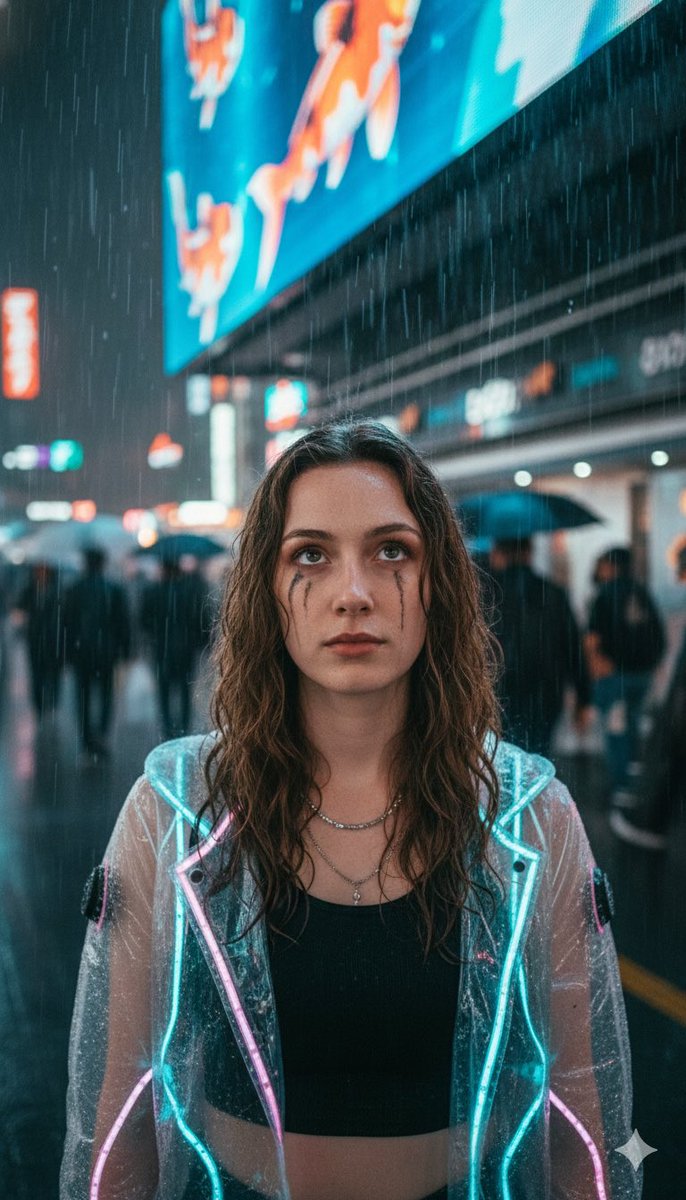 Cyberpunk Girl Under Neon Koi Rain