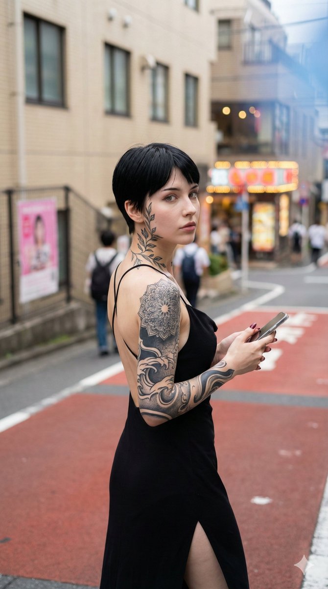 Tattooed Woman On Japanese Street Portrait