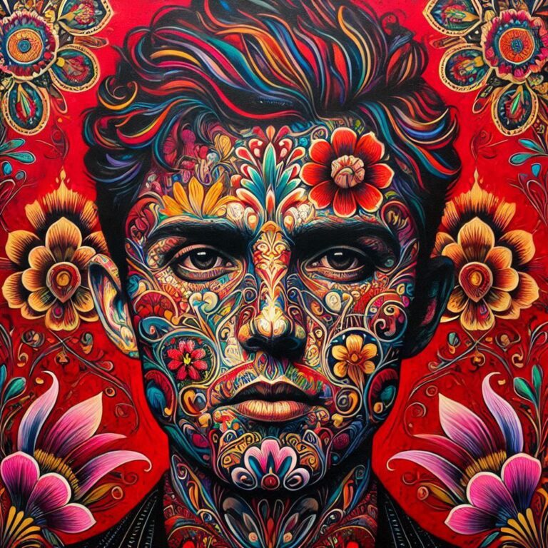 Bold Man Portrait with Folkloric Patterns