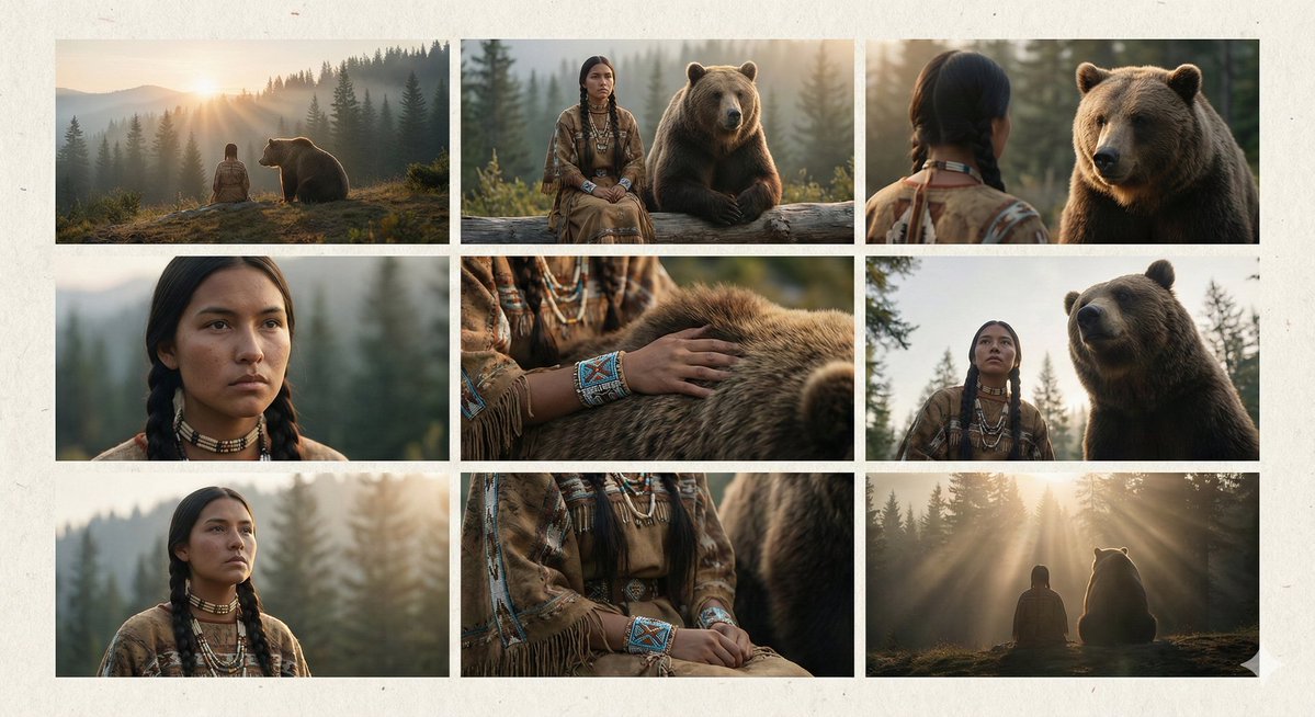 Girl Beside Calm Bear In Forest