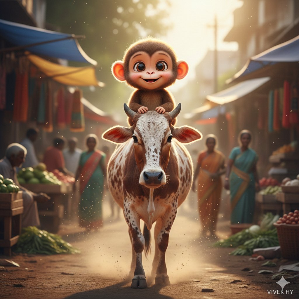 Cute Cartoon Monkey Riding A Cow