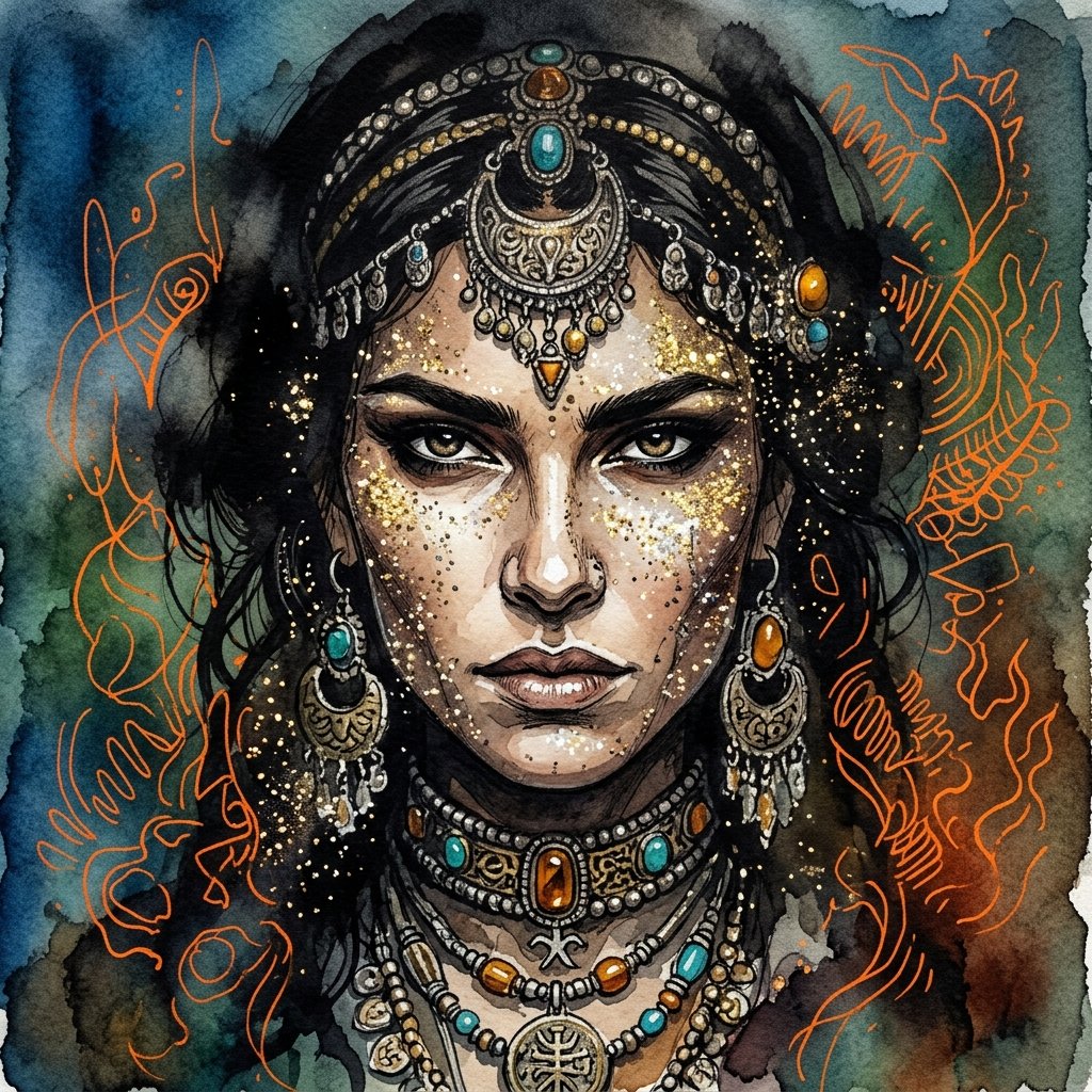 Ink Watercolor Woman Portrait Art