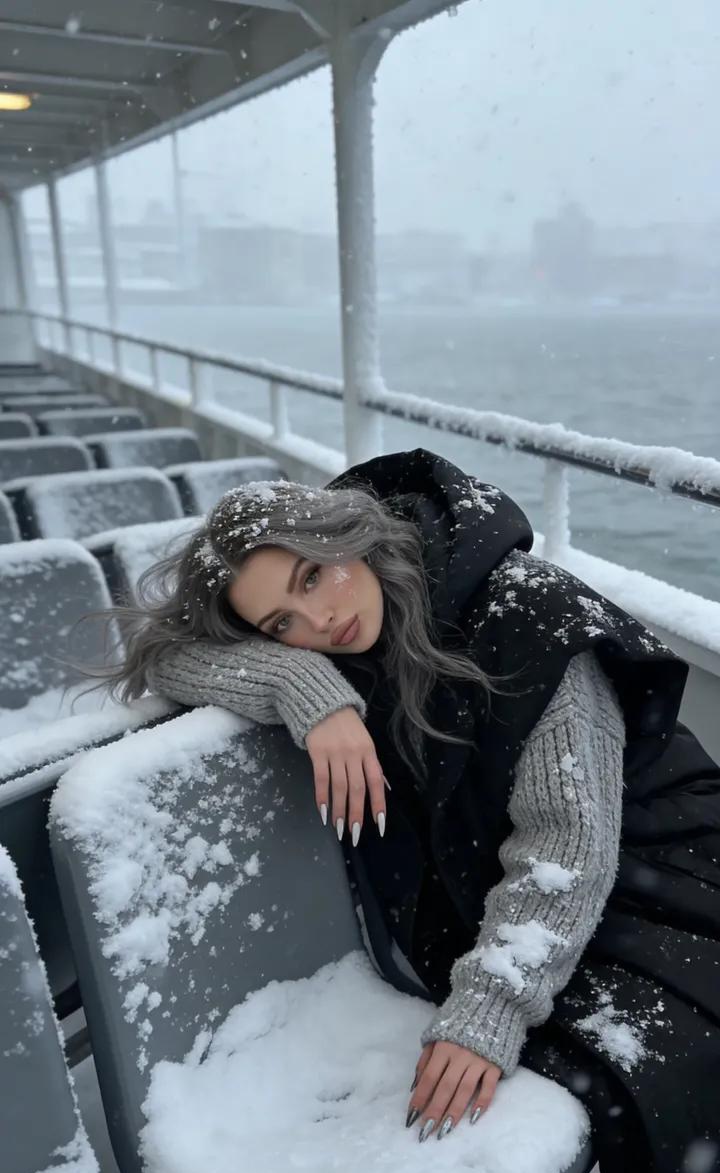 Serene Woman on Snowy Ferry Deck
