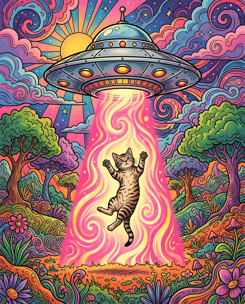 Retro Cat UFO Abduction Art