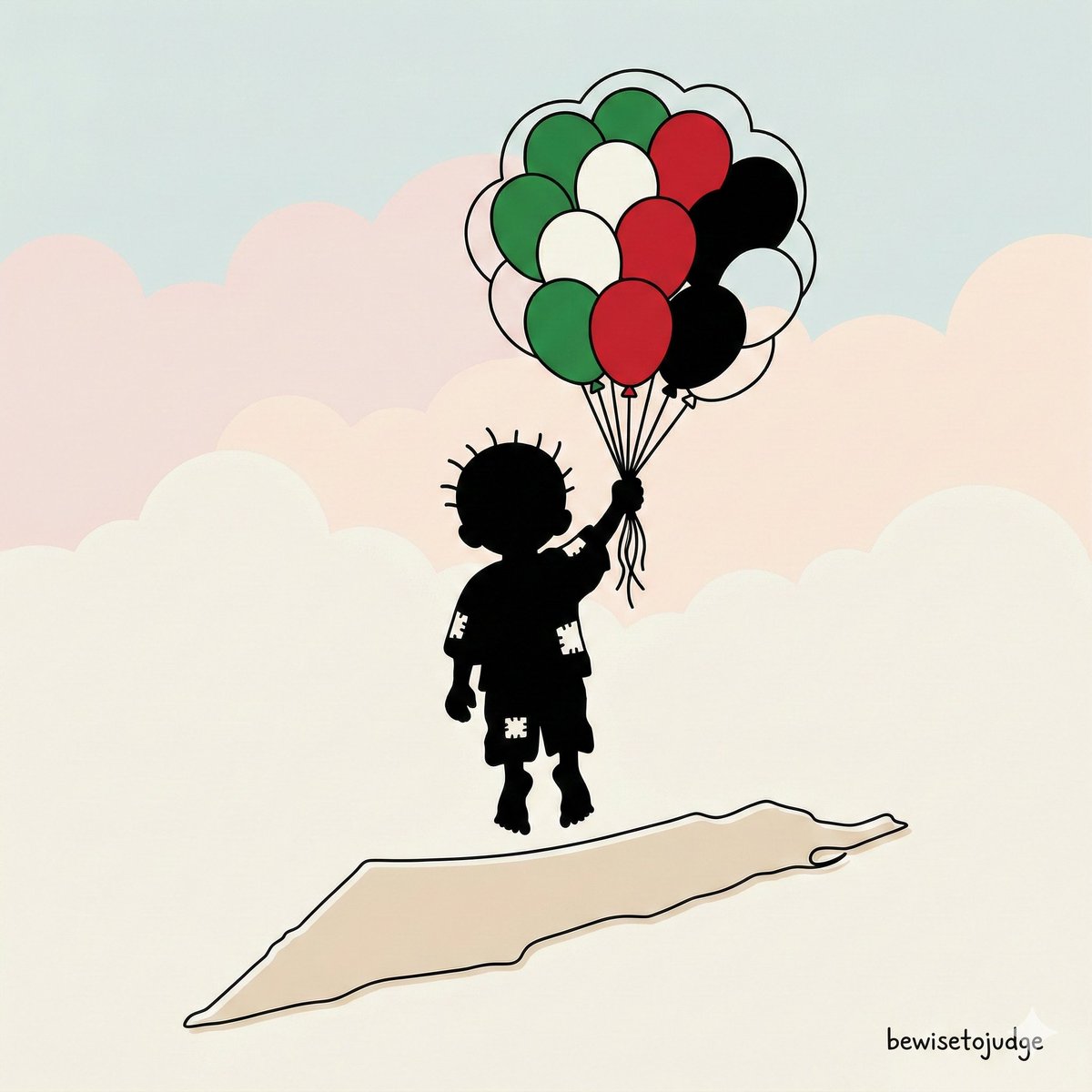 Handala Floating With Colorful Balloons