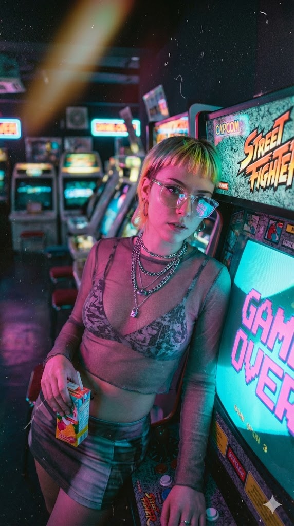 Neon Arcade Girl Cyberpunk Portrait