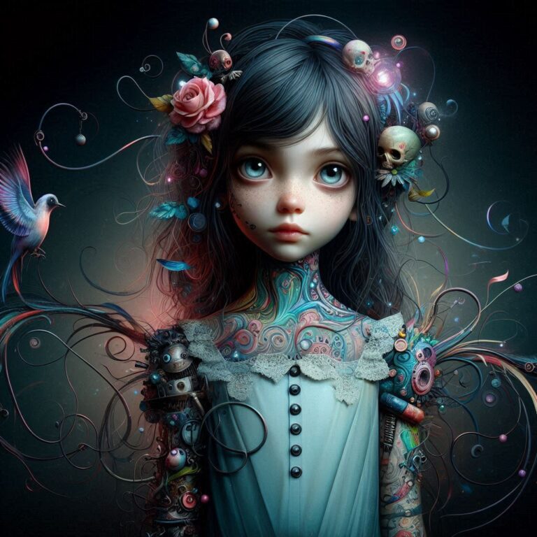 Whimsical Gothic Girl in Surreal Scene