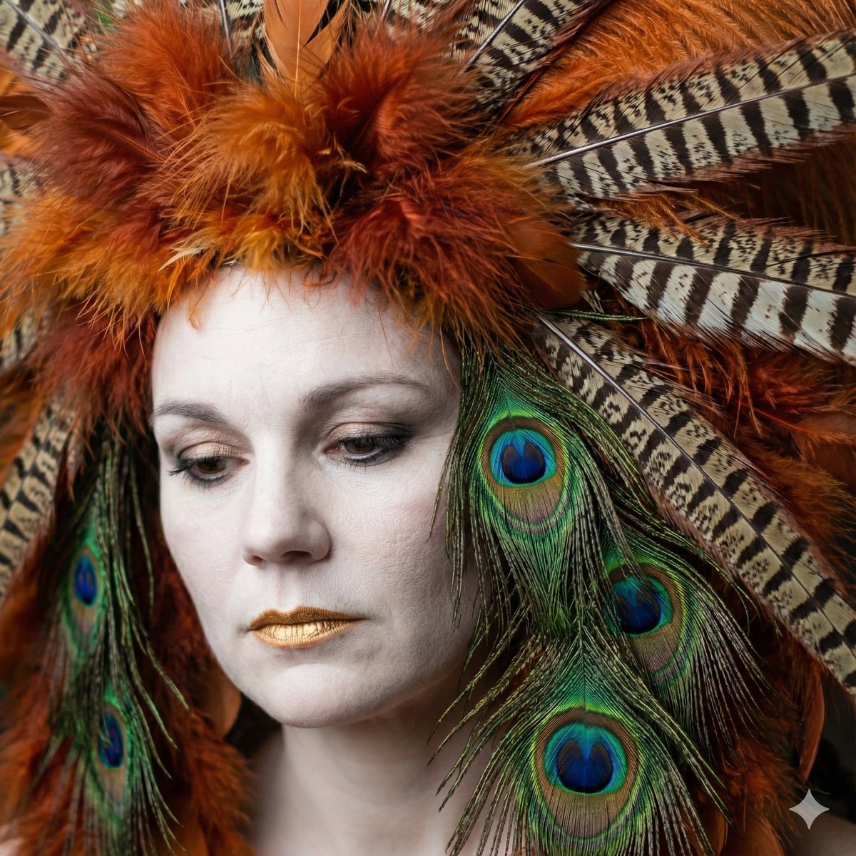 Hyperreal Feather Crown Portrait of Melancholic Goddess