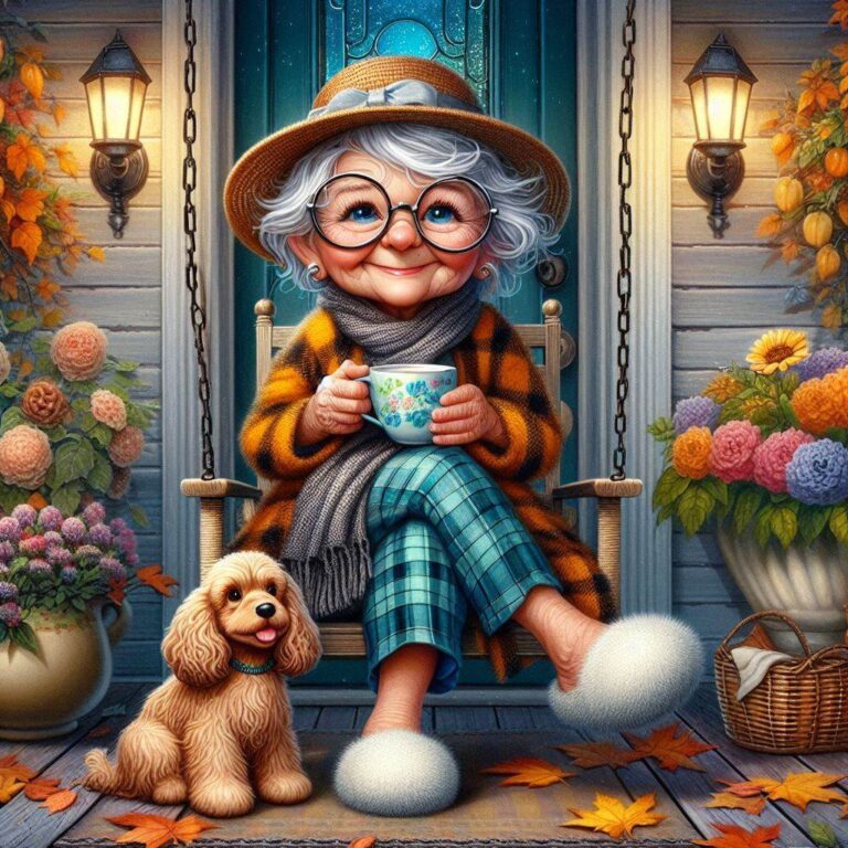 Charming Granny on Autumn Porch Swing